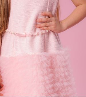 Vestido Boucle Saia Frufru Tule Com Cinto