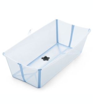 Kit Banheira Flexível Transparente Azul e Suporte Recém Nascido Stokke