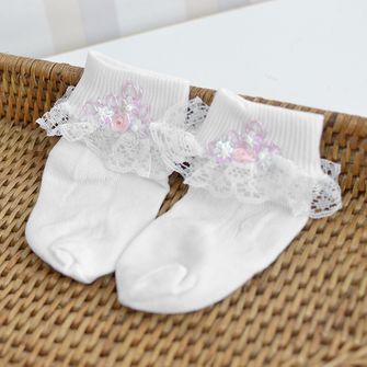 Meia Festa com Renda e Bordado  Rosa Tam. 0 a 24