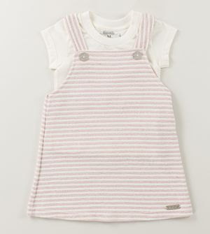 Conjunto Salopete/Blusa Listras Brilhantes Rosa