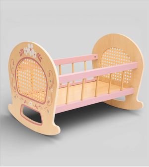 Berço para Boneca em Madeira/Palha Rosa
