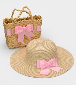 Bolsa de Palha com Chapéu Laço Rosa