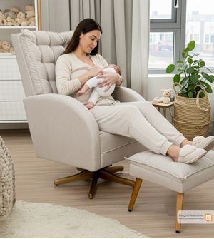 Poltrona Amamentação Ana Clara Balanço e Giro com Puff - Linho