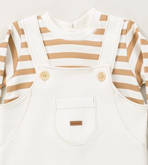 Macacão Jardineira Listras Bege