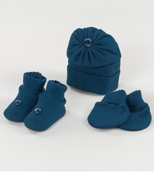Kit Touca Luva e Sapato Botão Azul Jeans - Tam. RN
