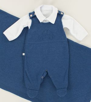 Saída Maternidade Tricot Jardineira Carrinho Marinho 3 peças
